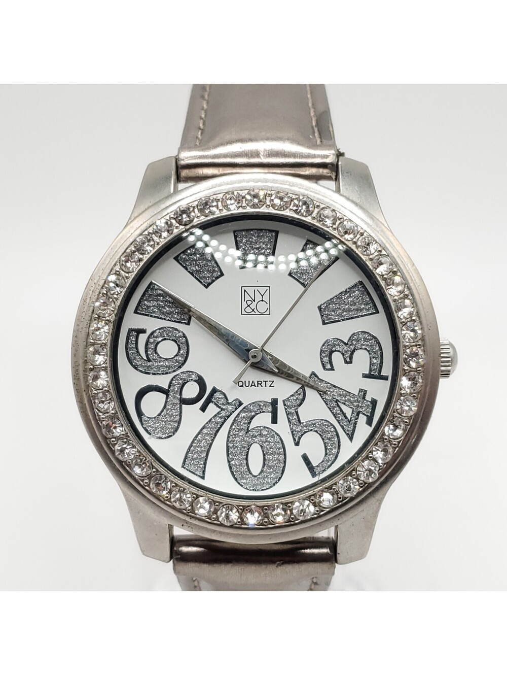 NY&C Quartz Watch Womens 40mm Silver Tone Rhinestone Bezel New Battery